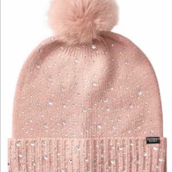 Victoria's Secret Accessories - Victorias Secret Luxe Bling Faux Fur Pom-Pom Hat Blush Rhinestone Embell…